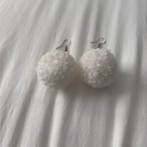 White, pompom, dangle earrings